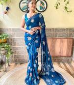 teal teal & silver-toned embellished sequinned saree