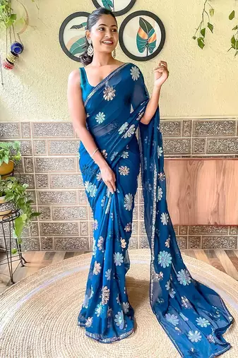 teal teal & silver-toned embellished sequinned saree