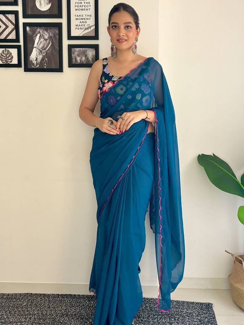 Teal embroidered saree