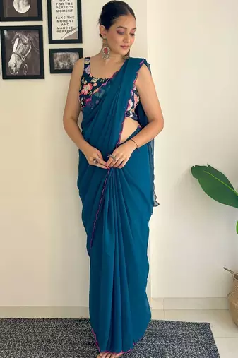 Teal embroidered saree