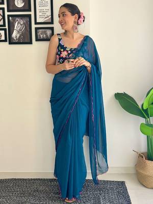 Teal embroidered saree 3