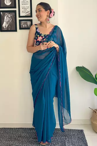 Teal embroidered saree