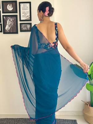 Teal embroidered saree 4