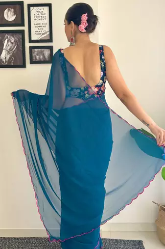 Teal embroidered saree