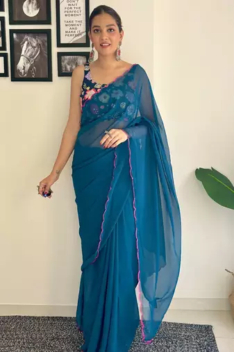 Teal embroidered saree