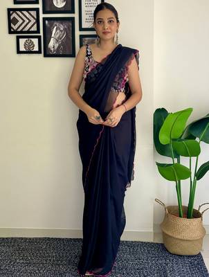 Navy blue embroidered border saree 1