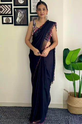 Navy blue embroidered border saree