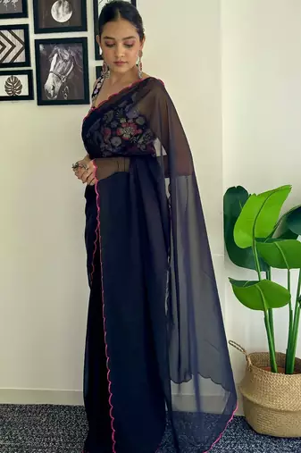 Navy blue embroidered border saree