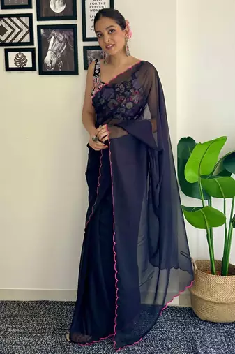 Navy blue embroidered border saree