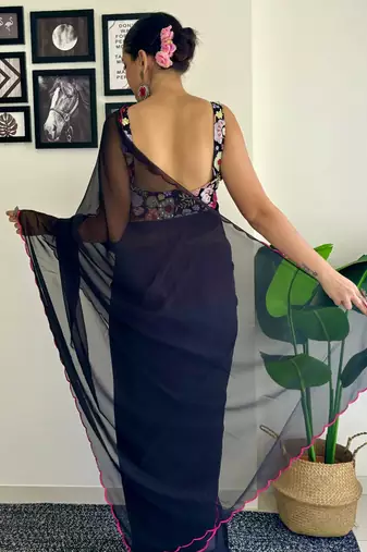 Navy blue embroidered border saree