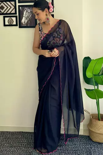 Navy blue embroidered border saree