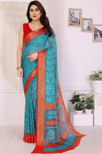 blue ethnic motifs pure chiffon saree