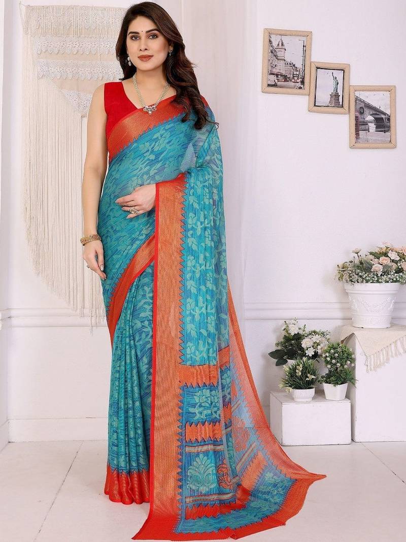 blue ethnic motifs pure chiffon saree