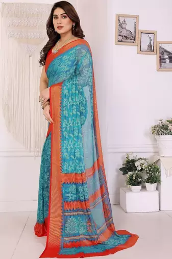 blue ethnic motifs pure chiffon saree
