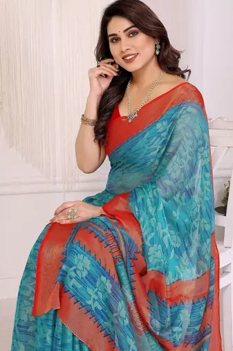blue ethnic motifs pure chiffon saree