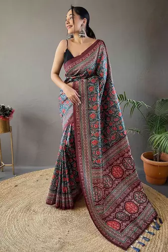 Teal floral printed saree