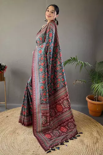 Teal floral printed saree