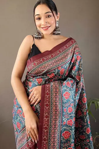 Teal floral printed saree