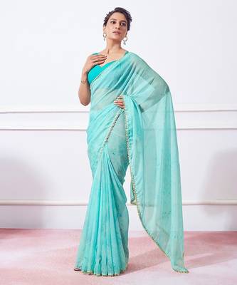 blue blue tie & dye dyed beads & stones organza saree 1