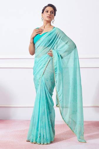 blue blue tie & dye dyed beads & stones organza saree