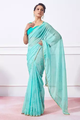 blue blue tie & dye dyed beads & stones organza saree