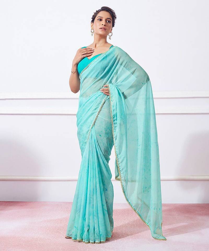 blue blue tie & dye dyed beads & stones organza saree