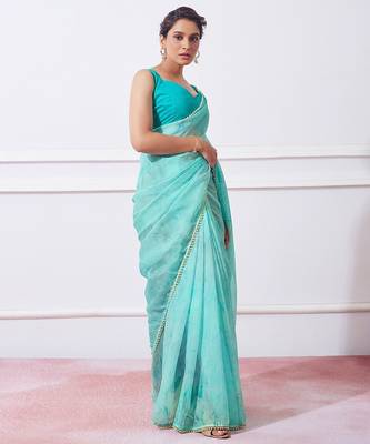 blue blue tie & dye dyed beads & stones organza saree 2