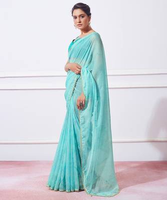 blue blue tie & dye dyed beads & stones organza saree 3