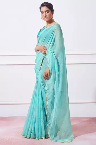 blue blue tie & dye dyed beads & stones organza saree