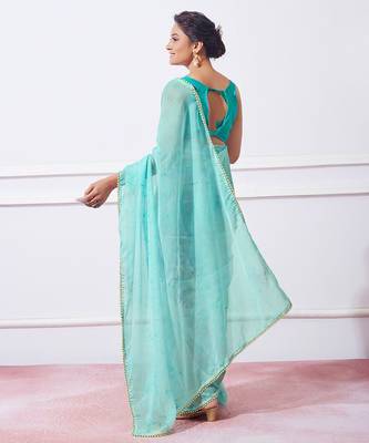 blue blue tie & dye dyed beads & stones organza saree 4