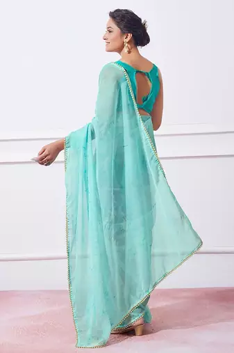 blue blue tie & dye dyed beads & stones organza saree