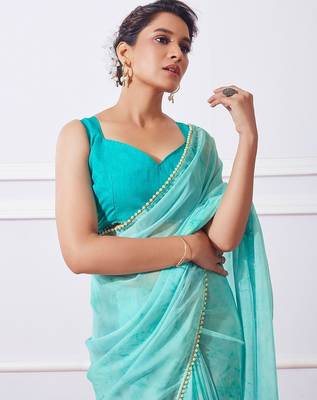 blue blue tie & dye dyed beads & stones organza saree 5
