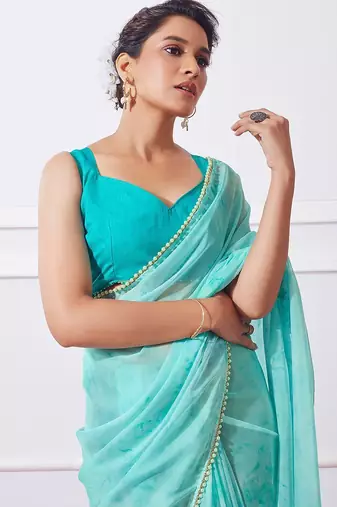 blue blue tie & dye dyed beads & stones organza saree