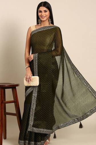 brown embroidered embellished sequinned pure chiffon saree