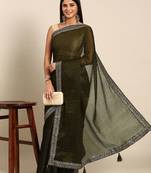 brown embroidered embellished sequinned pure chiffon saree