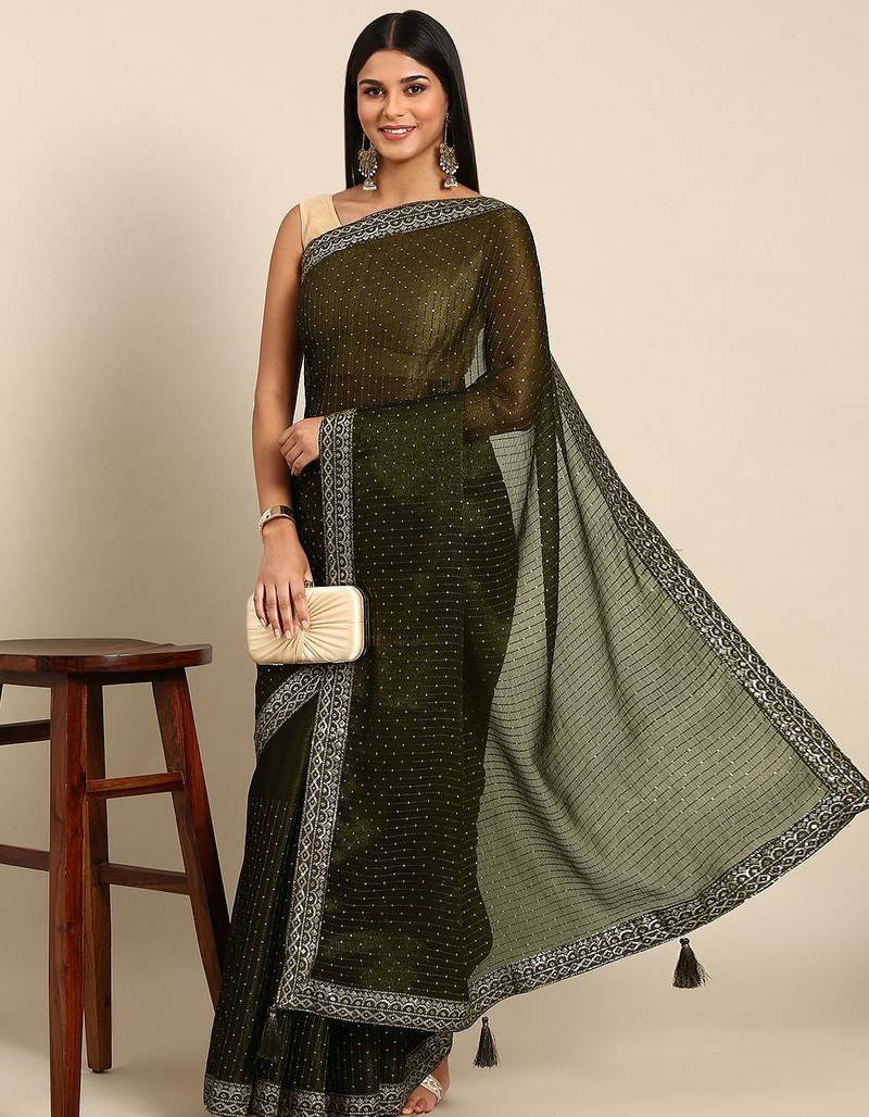 brown embroidered embellished sequinned pure chiffon saree