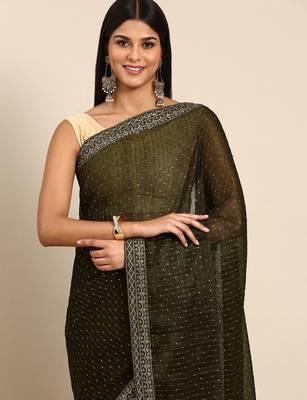 brown embroidered embellished sequinned pure chiffon saree 2