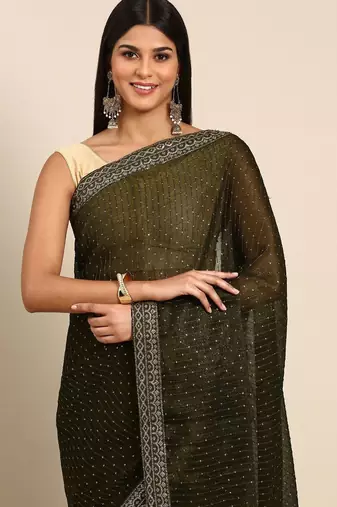 brown embroidered embellished sequinned pure chiffon saree