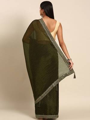 brown embroidered embellished sequinned pure chiffon saree 3