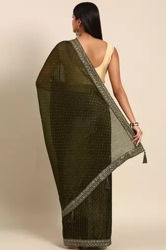 brown embroidered embellished sequinned pure chiffon saree