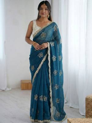 Teal floral embroidered silk blend designer saree 1