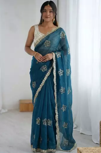 Teal floral embroidered silk blend designer saree