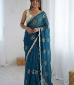 Teal floral embroidered silk blend designer saree