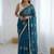 Teal floral embroidered silk blend designer saree