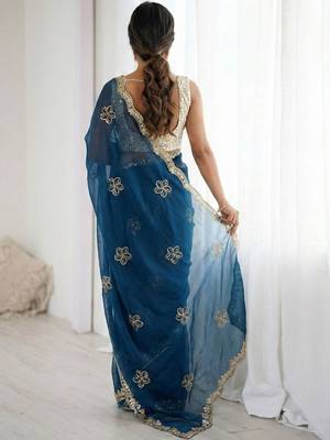Teal floral embroidered silk blend designer saree 2
