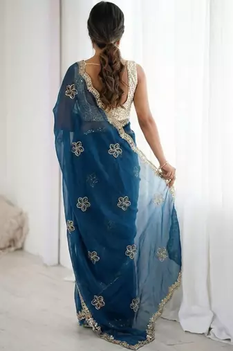Teal floral embroidered silk blend designer saree
