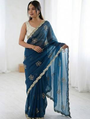 Teal floral embroidered silk blend designer saree 3