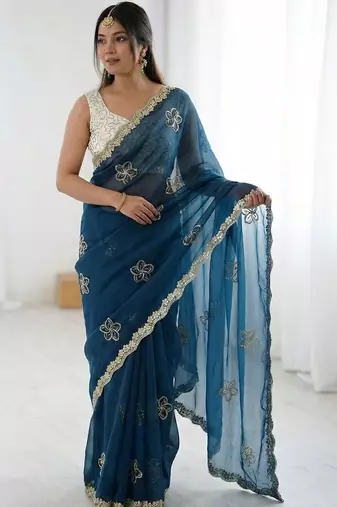 Teal floral embroidered silk blend designer saree