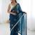 Teal floral embroidered silk blend designer saree
