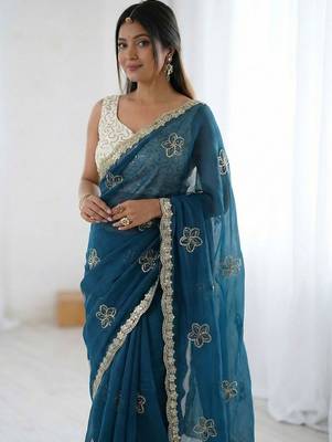 Teal floral embroidered silk blend designer saree 4
